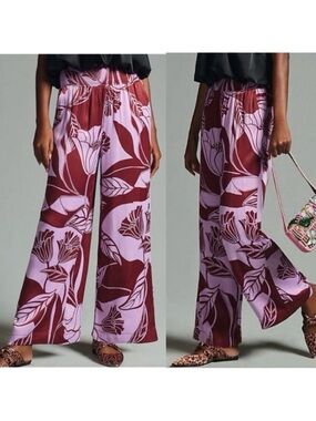 Maeve X Anthropologie Saria Smocked Wide Leg Pants Lilac Floral Tropical